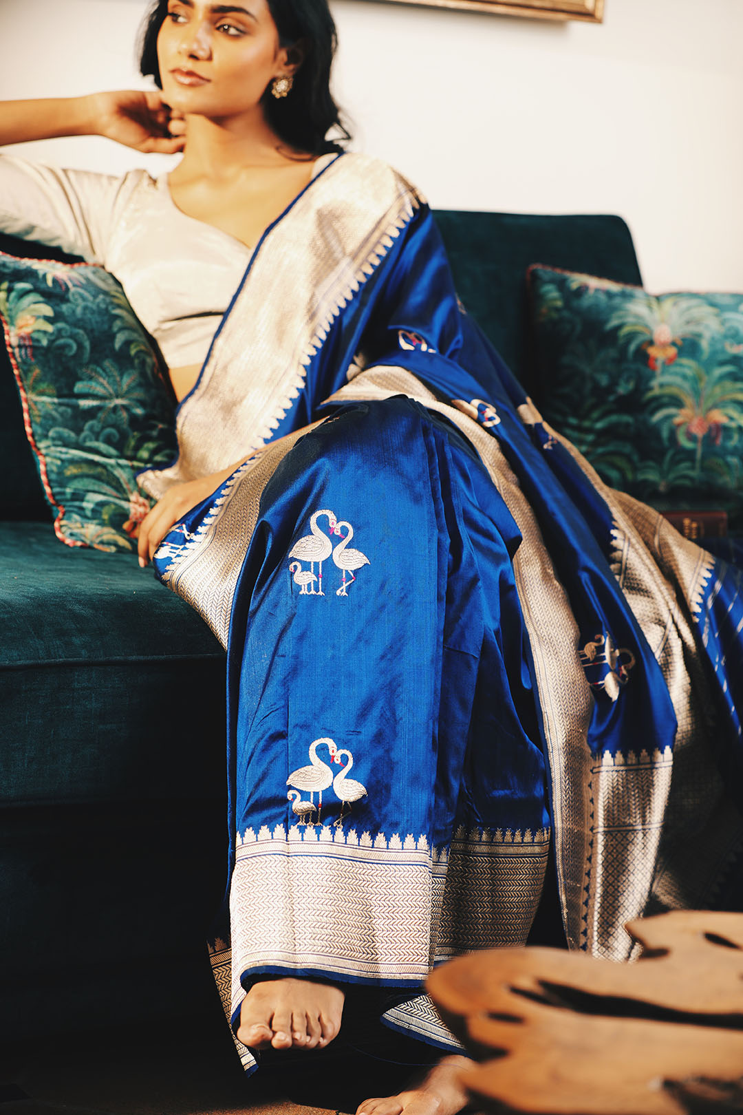 Royal Blue pure banarasi silk saree with swan motifs
