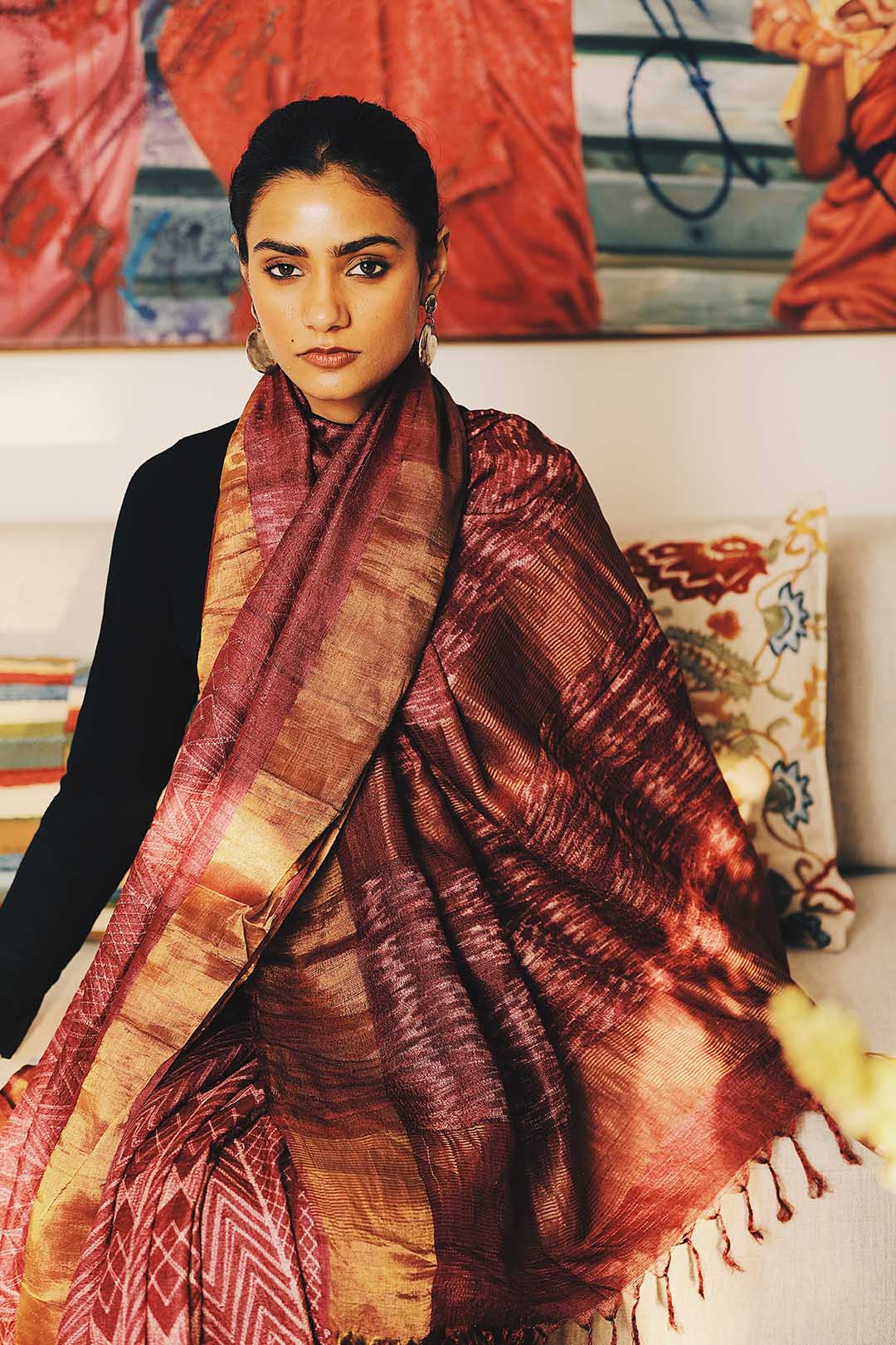 Carmine Tussar Silk Shibori Saree