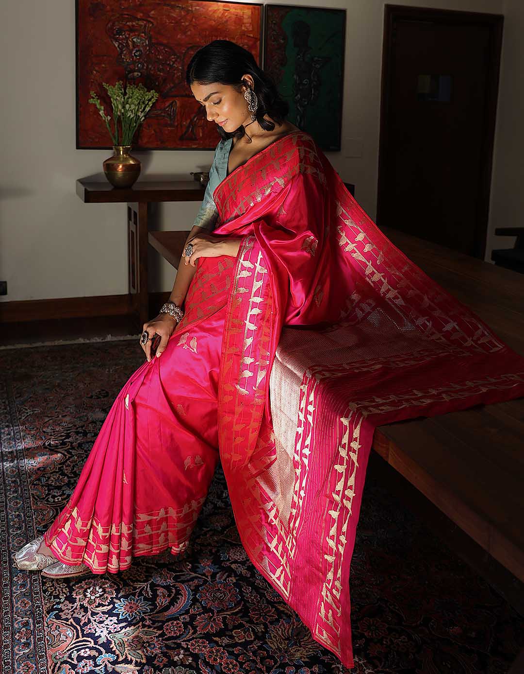 Rani pink pure banarasi silk saree with Bird motifs