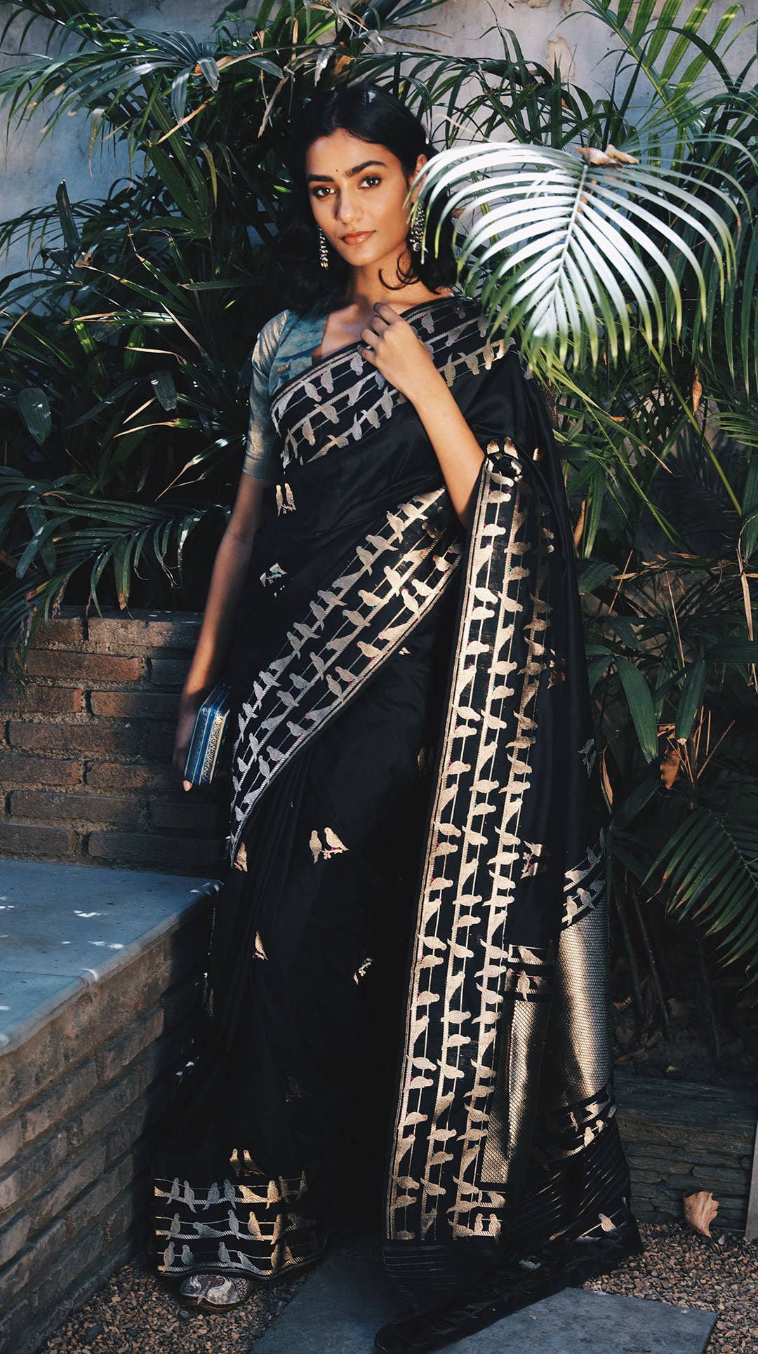 Black pure banarasi silk saree with Bird motifs