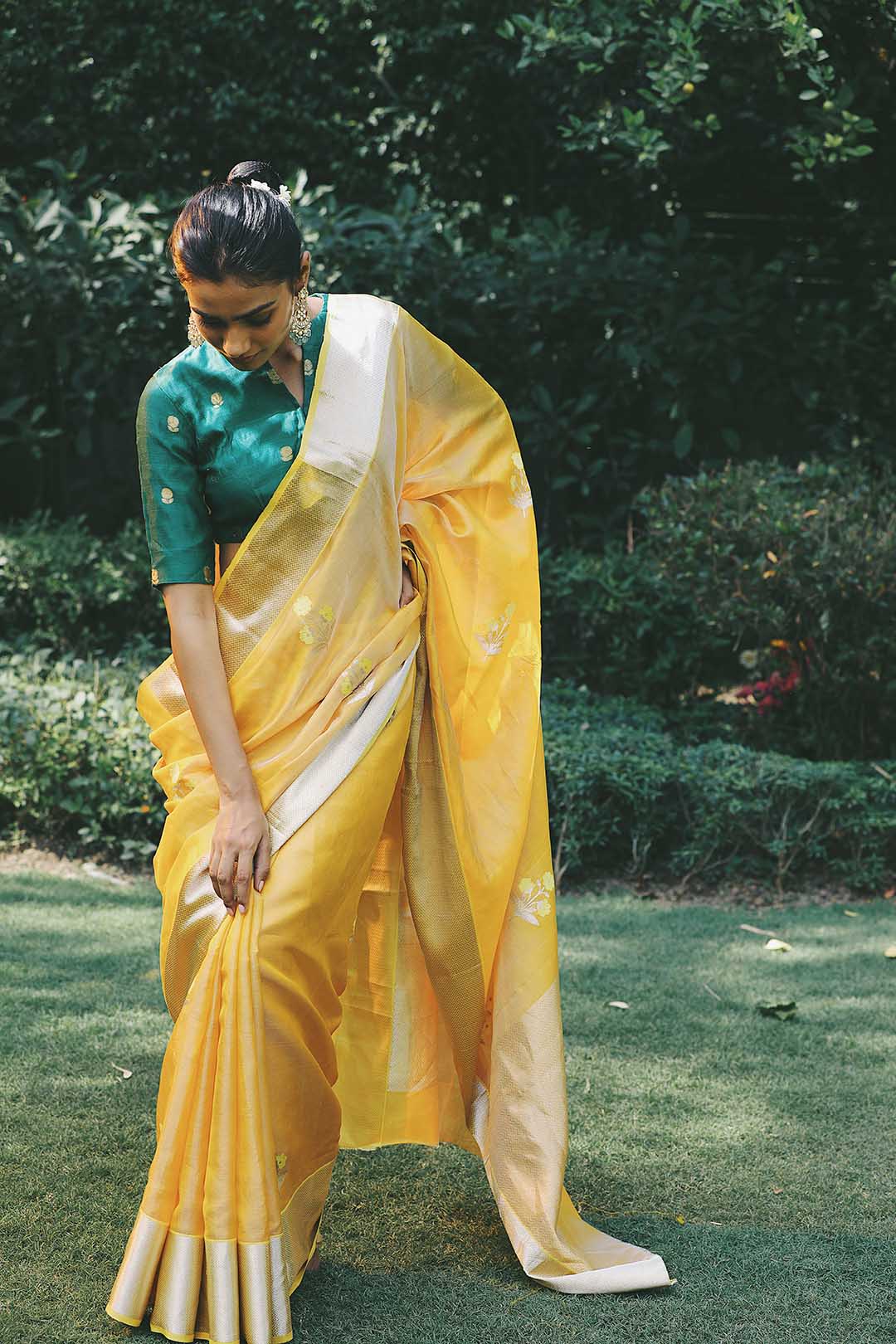 Yellow pure chanderi silk saree with zari border