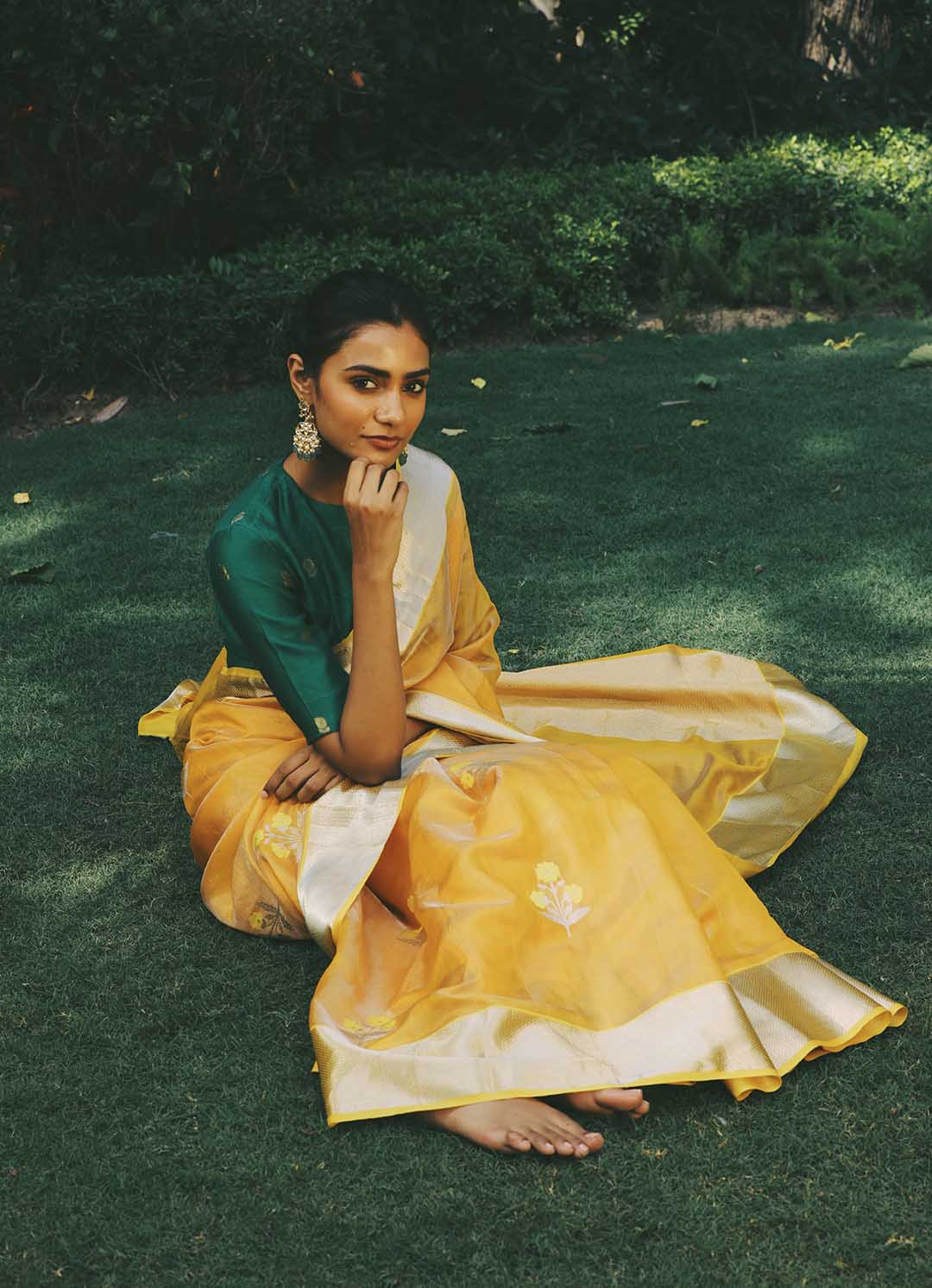 Yellow pure chanderi silk saree with zari border