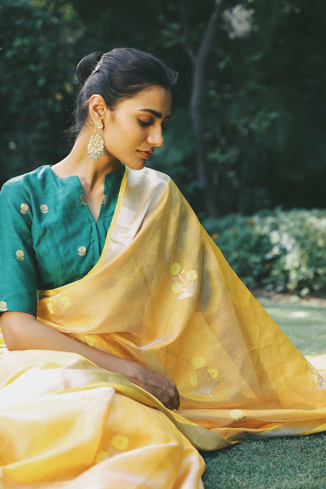 Yellow pure chanderi silk saree with zari border