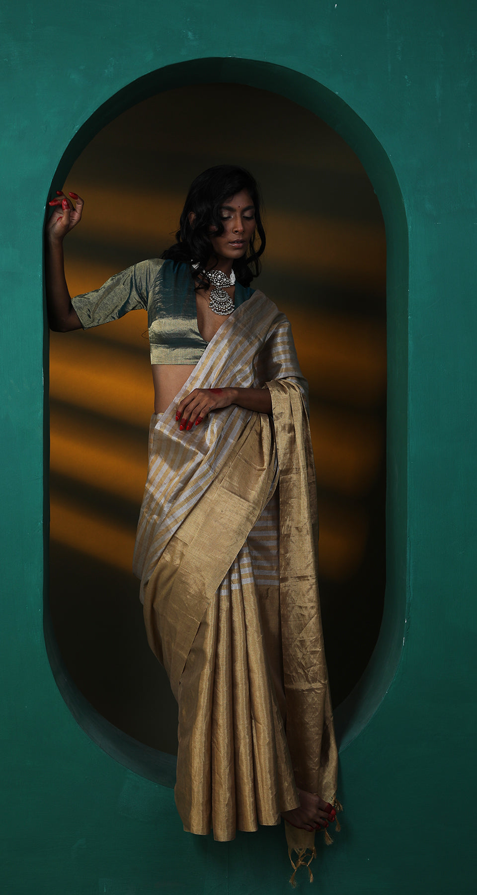 Full Tissue Chanderi  saree with silver and gold stripes
