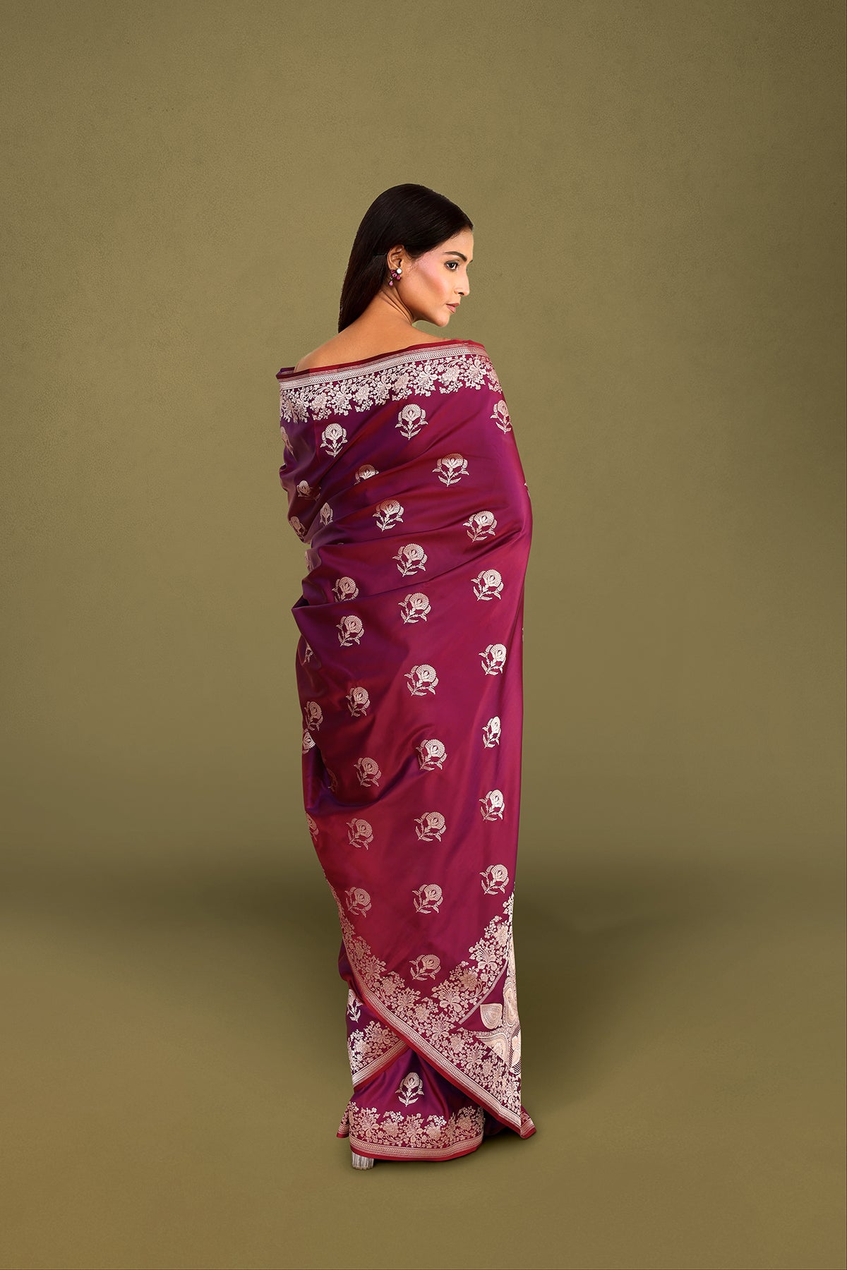 Wine Banarasi Mashru Satin Saree with Zari Floral Weave