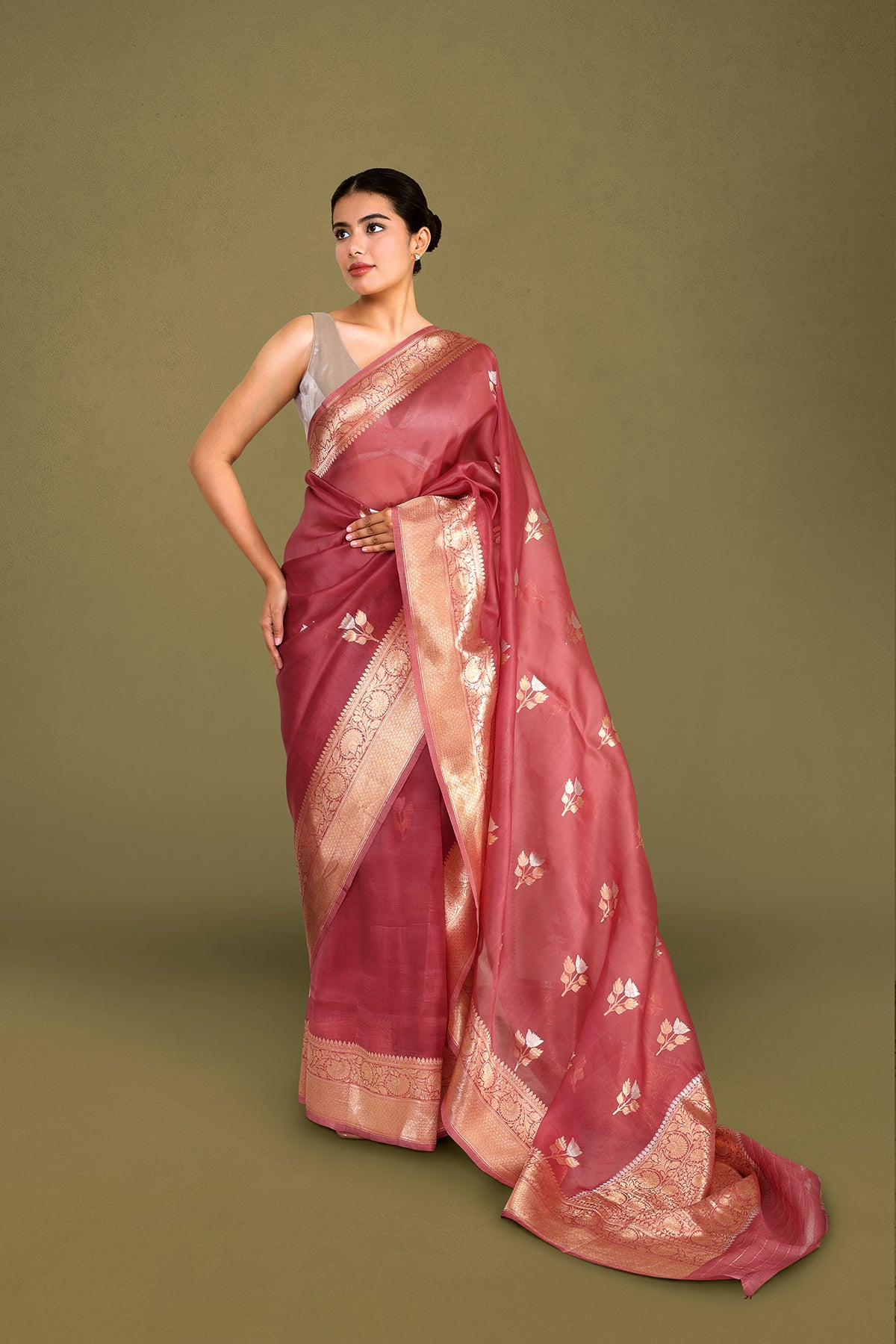 Rose Pink Pure Organza Silk Banarasi Saree with Zari Motifs