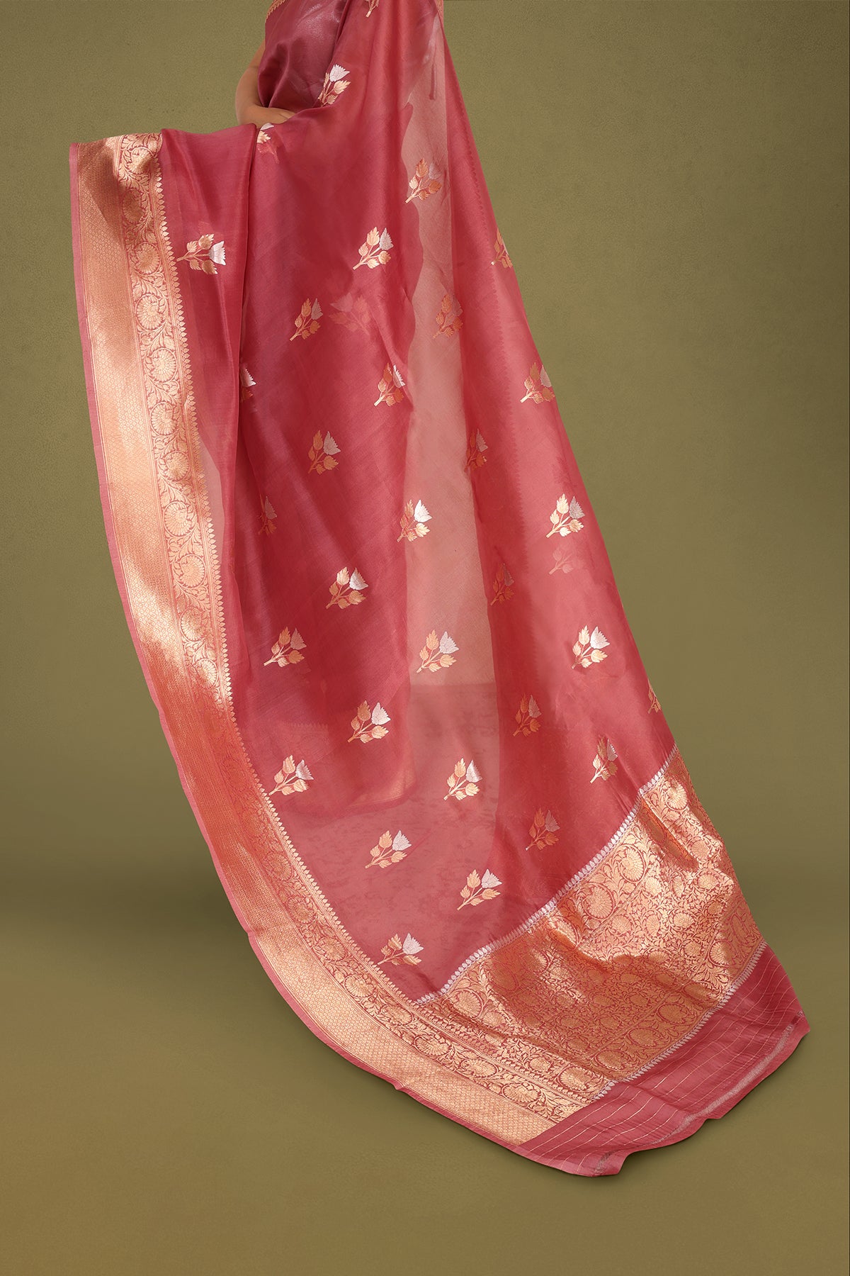 Rose Pink Pure Organza Silk Banarasi Saree with Zari Motifs