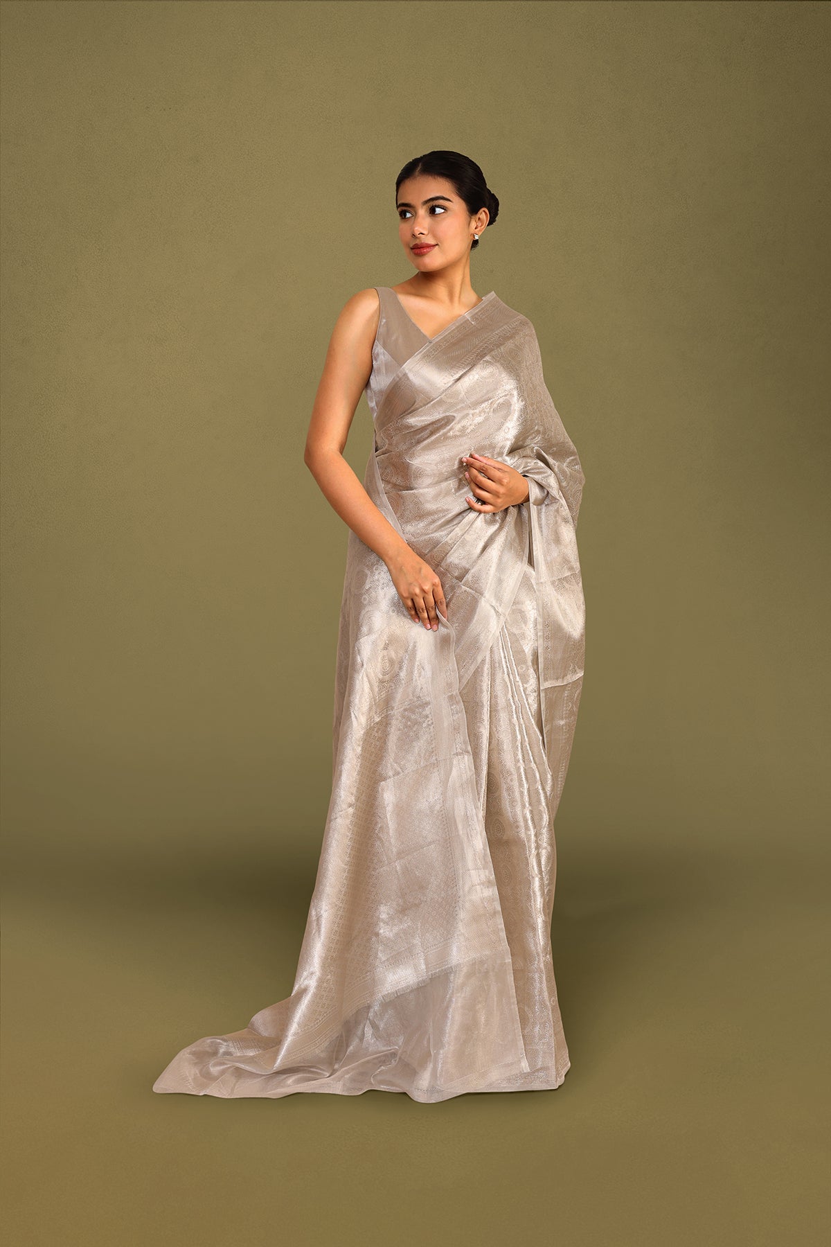 Silver Banarasi Tissue Silk Saree with Intricate Zari Weave