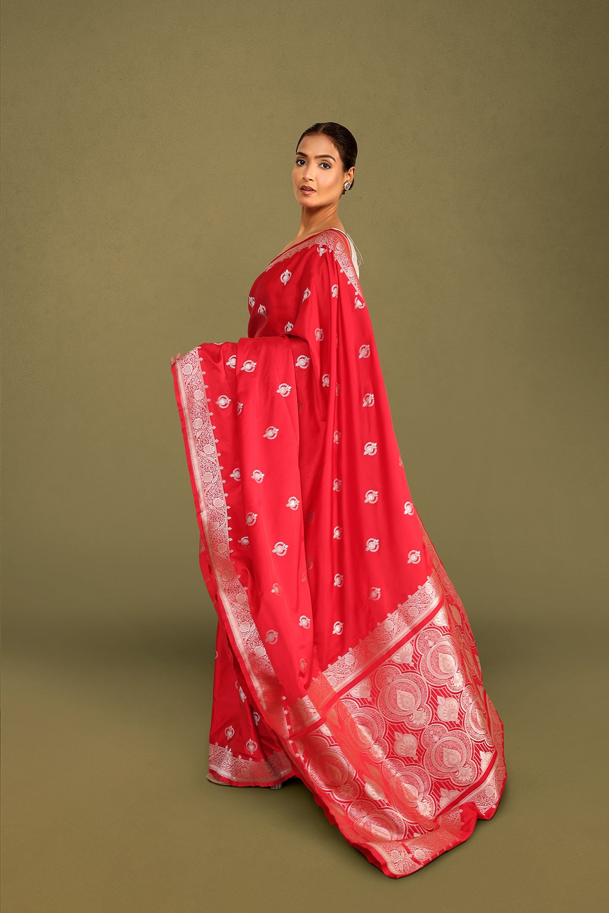 Red Banarasi Mashru Satin Silk Saree with Zari Border