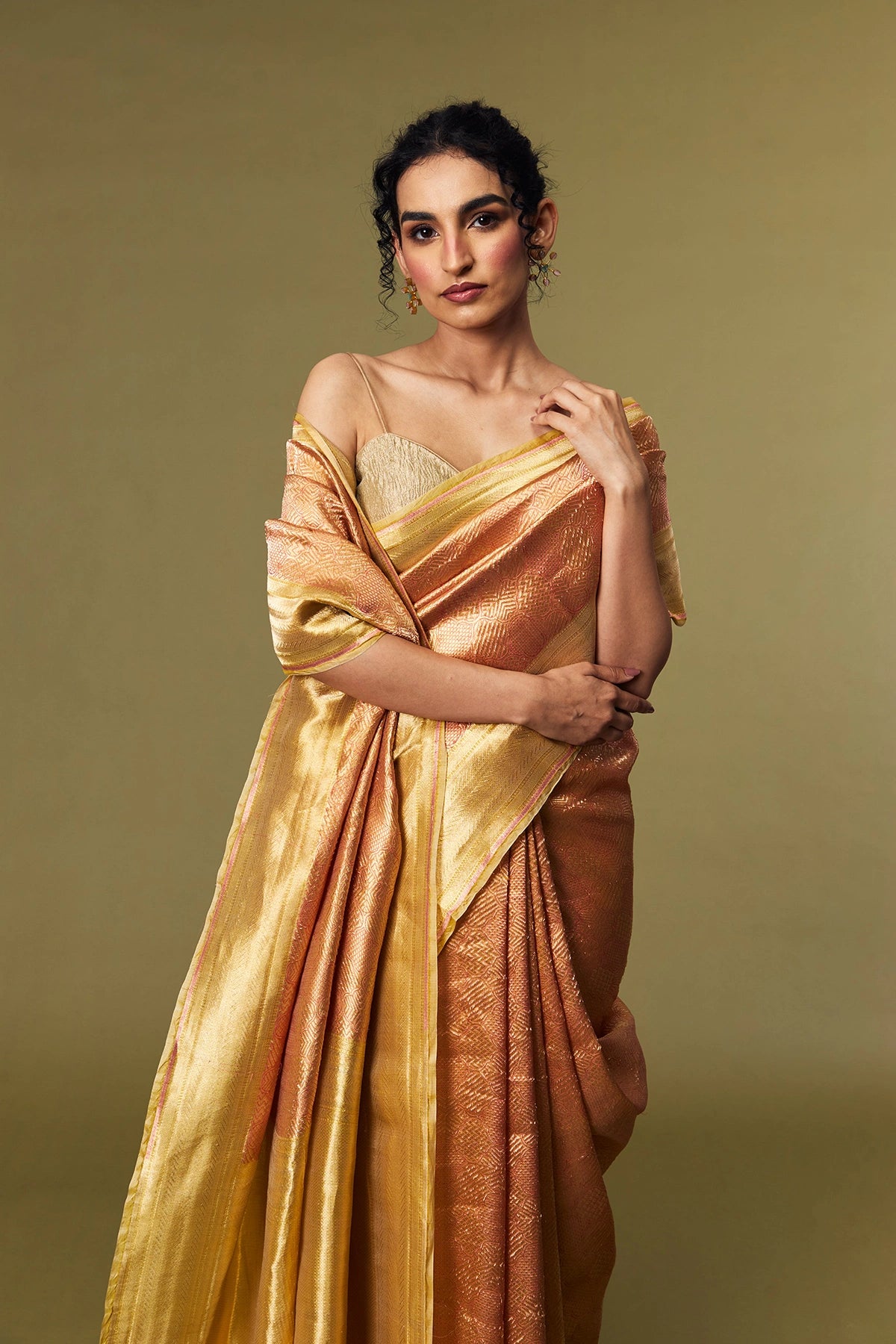 Golden Copper Silk Banarasi Jamawar Brocade Saree