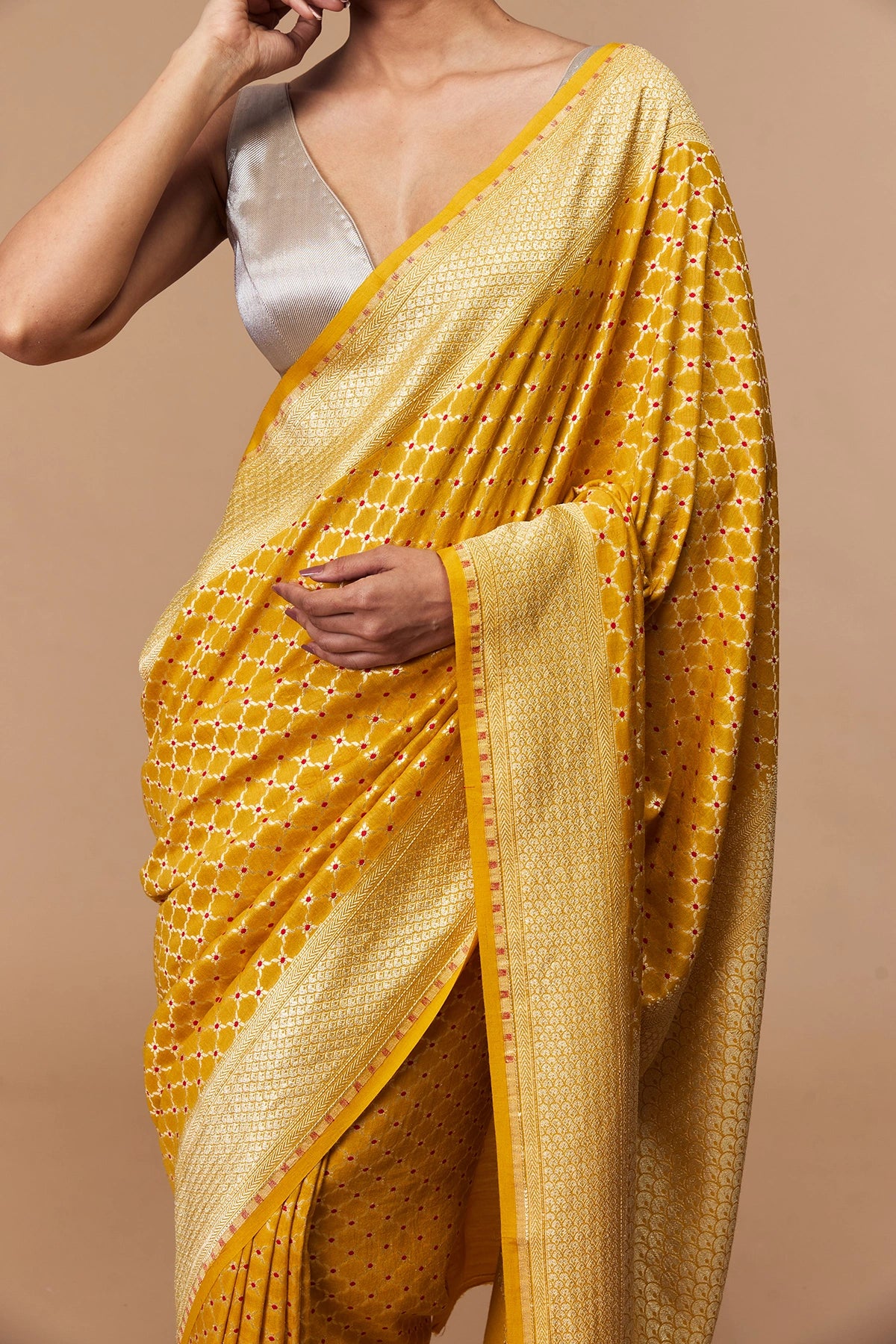 Golden Yellow Pure Muga Silk Banarasi Saree with Meenakari Jaal