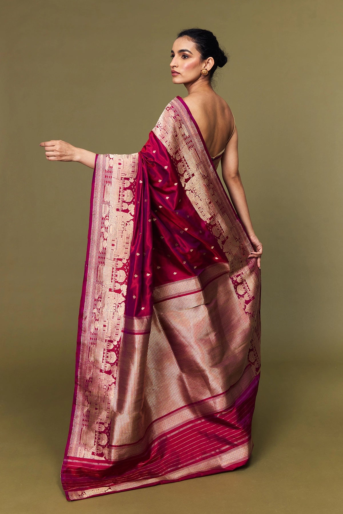 Architectural gold zari border on Banarasi Katan silk saree