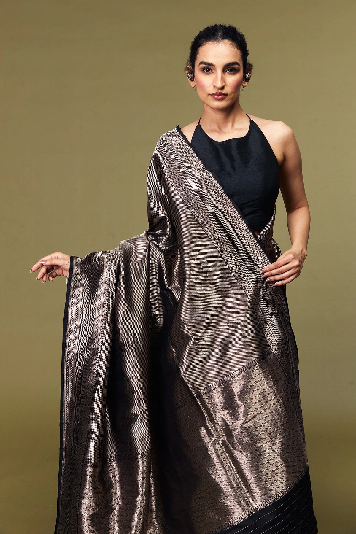 Chevron-style zari border on black Tanchoi brocade silk sare