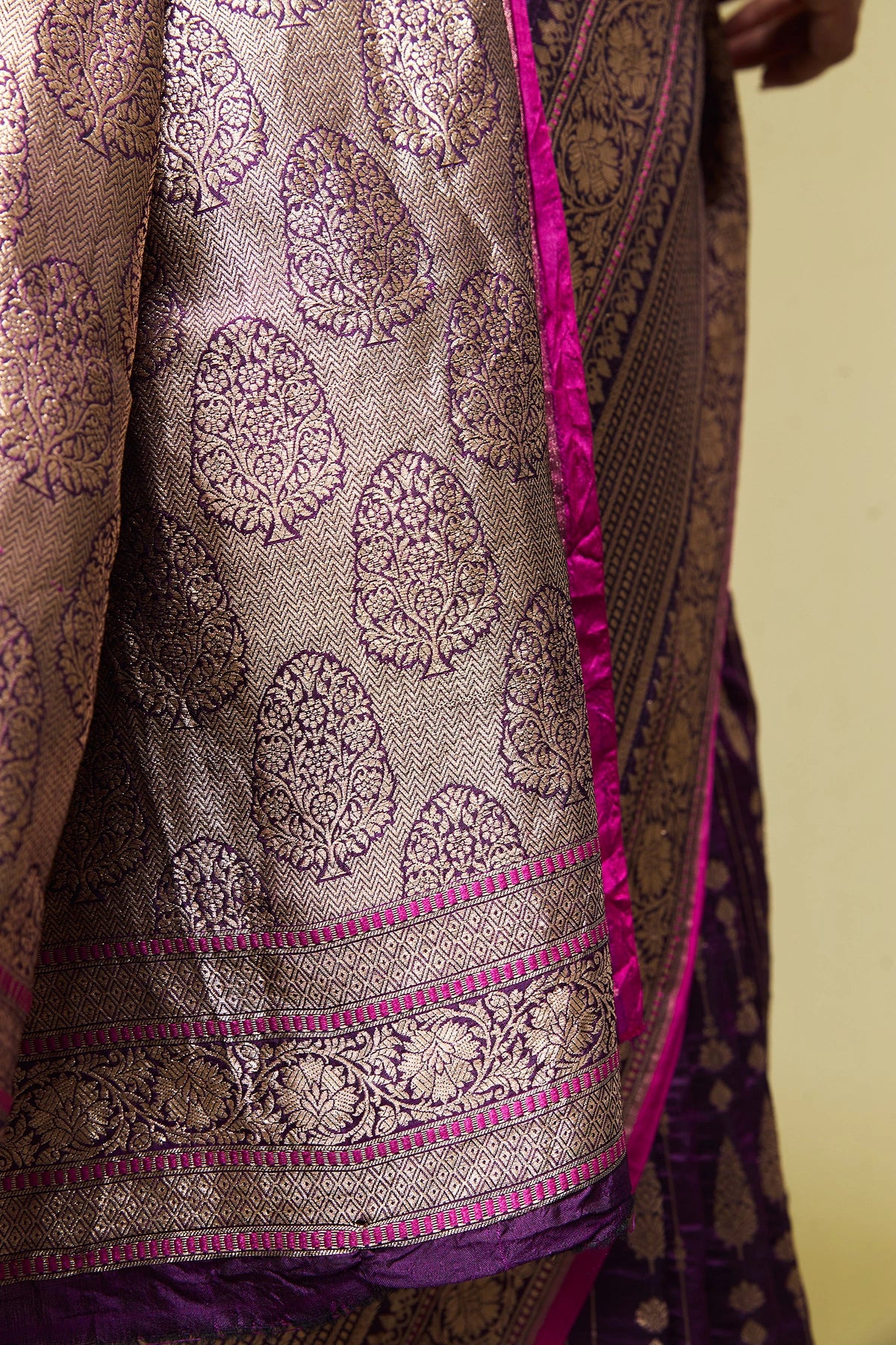 Close-up of the zari work and intricate border detailing on the Banarasi silk saree.