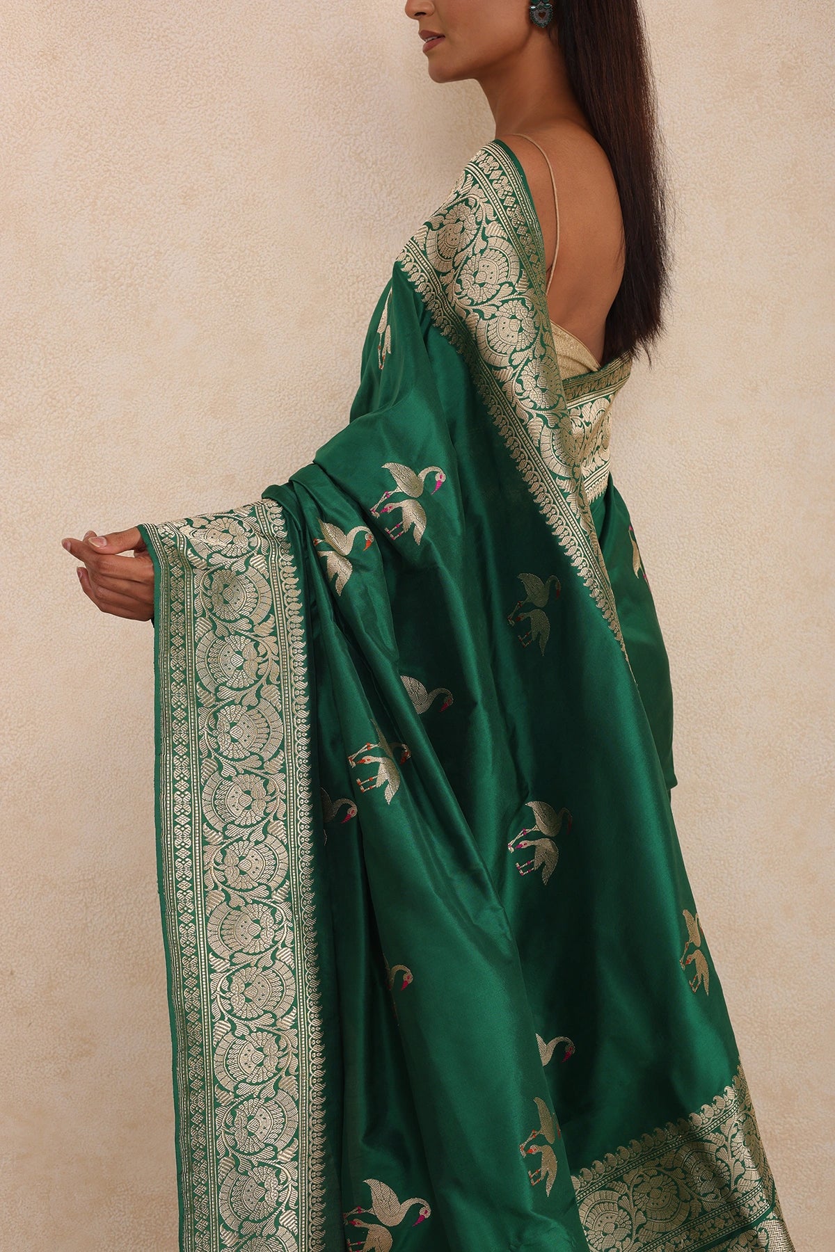 Emerald Green Pure Silk Banarasi Saree with Kadua Swan Motifs