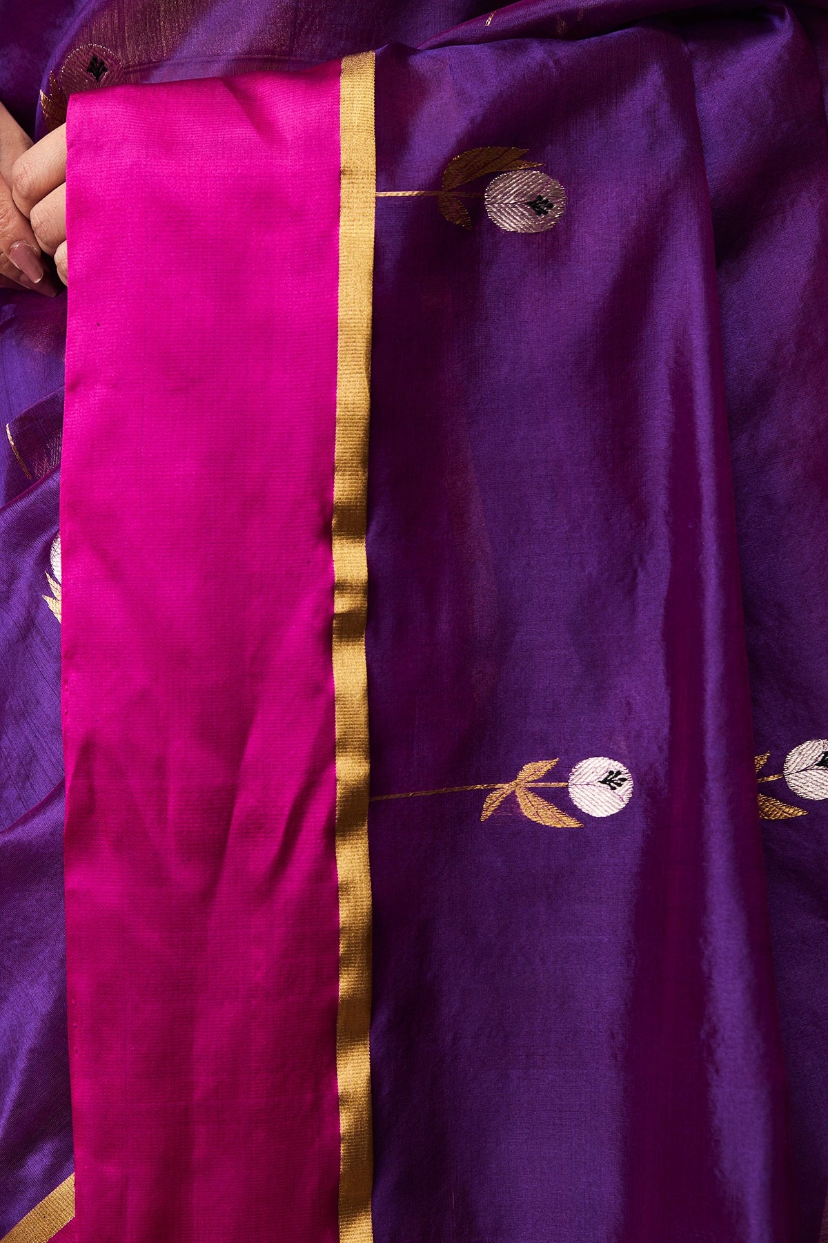 Close-up of purple Chanderi silk saree with woven floral butis
