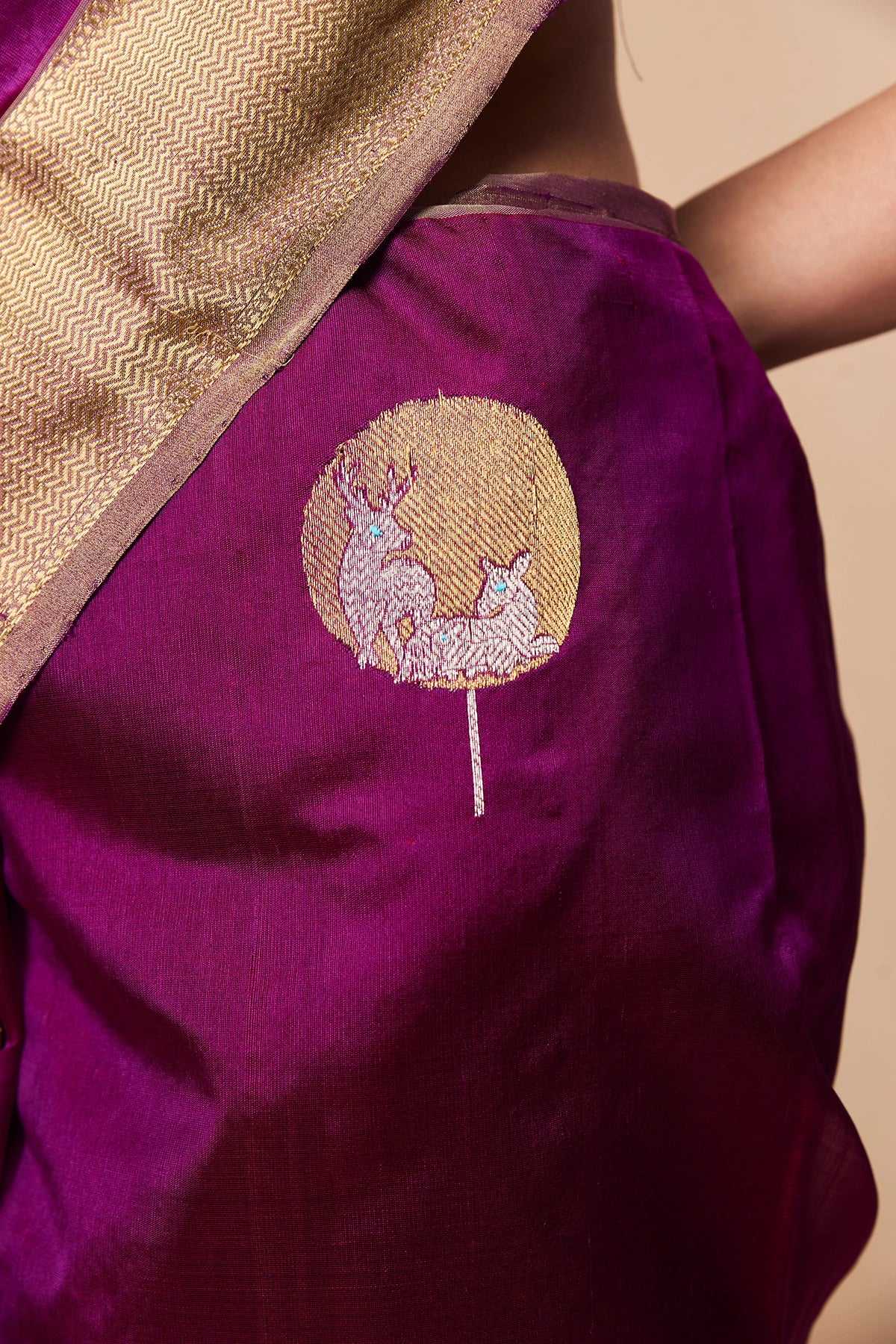 Close-up of circular zari motifs on magenta silk