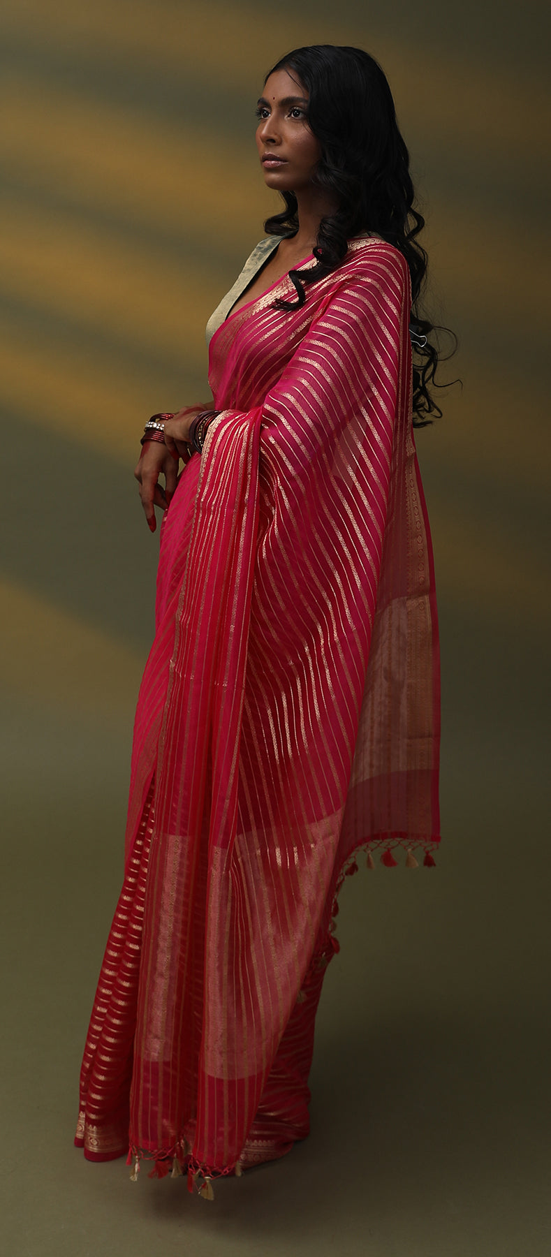 Image of a red Lehriya Organza Saree with Banarsi weaving