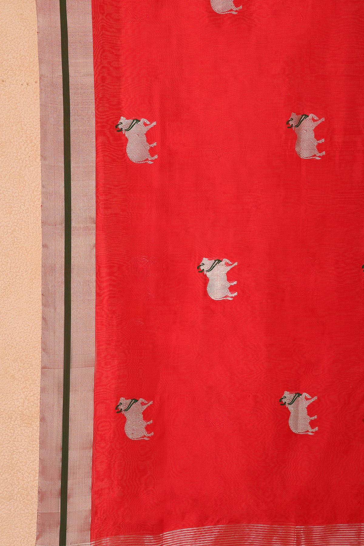 Red Chanderi Silk Dupatta with Handwoven Nandi Motifs