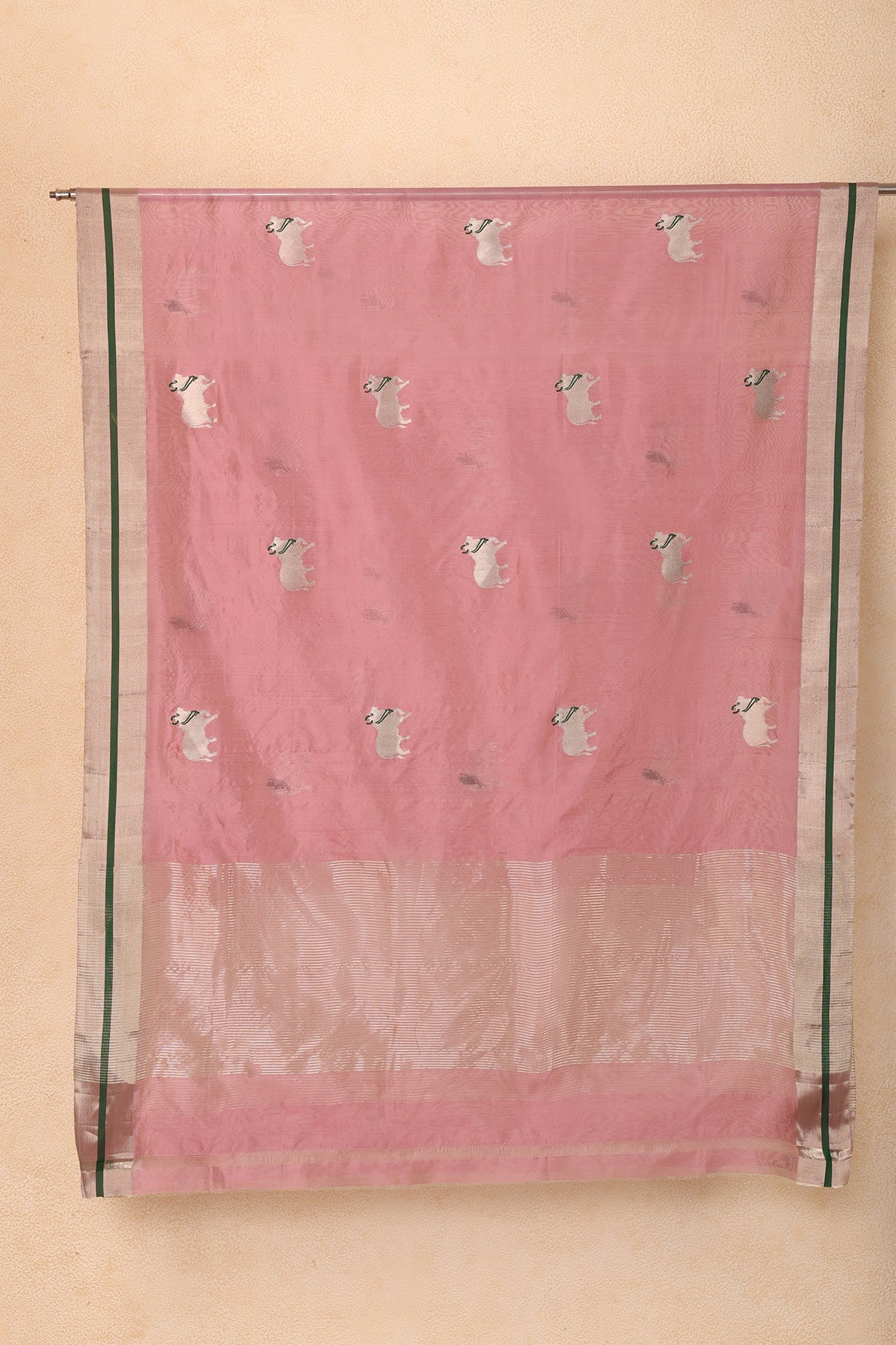 Soft Pink Chanderi Silk Dupatta with Handwoven Nandi Motifs