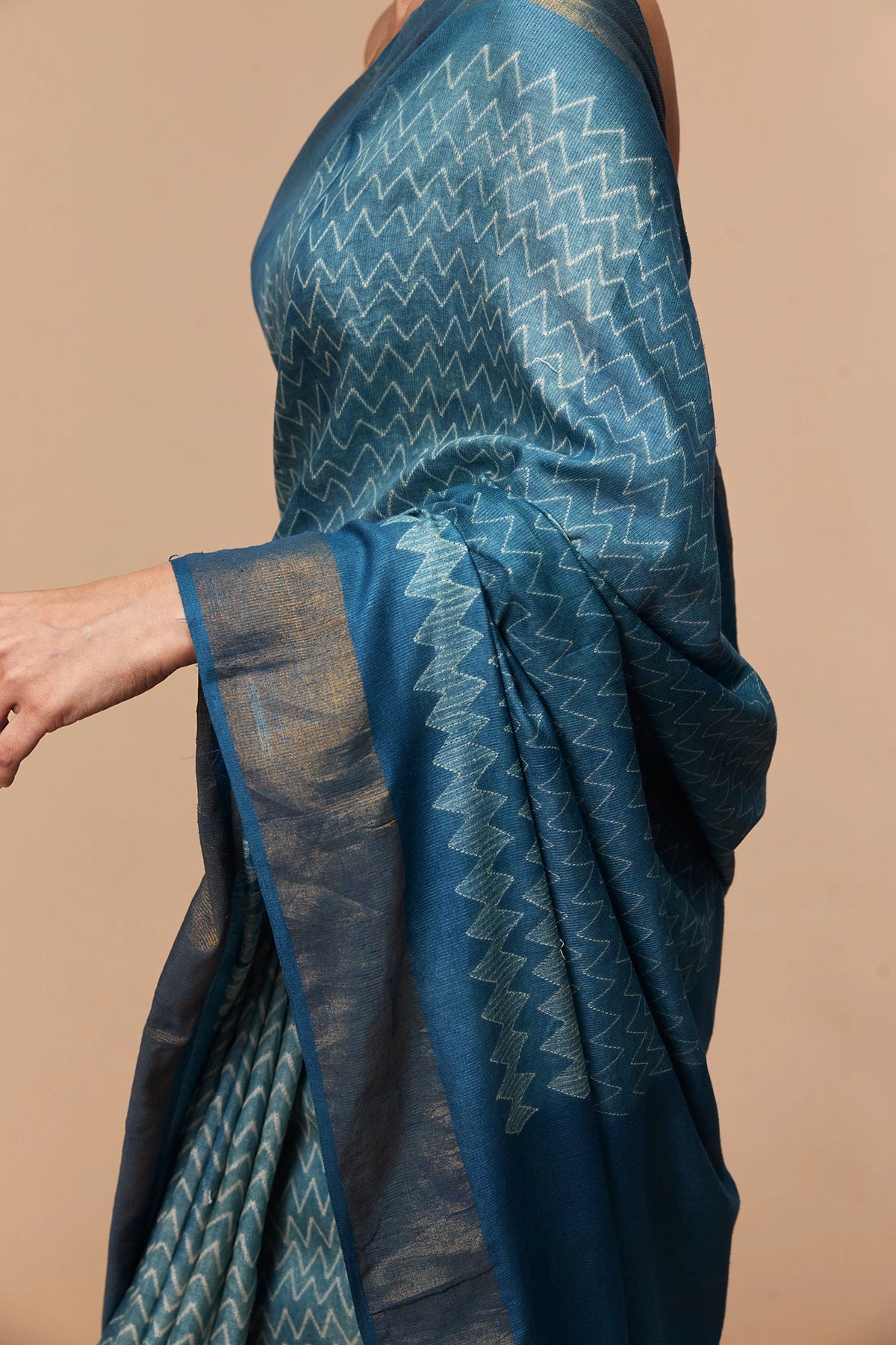 Draped view showing sheen and texture of handwoven silk