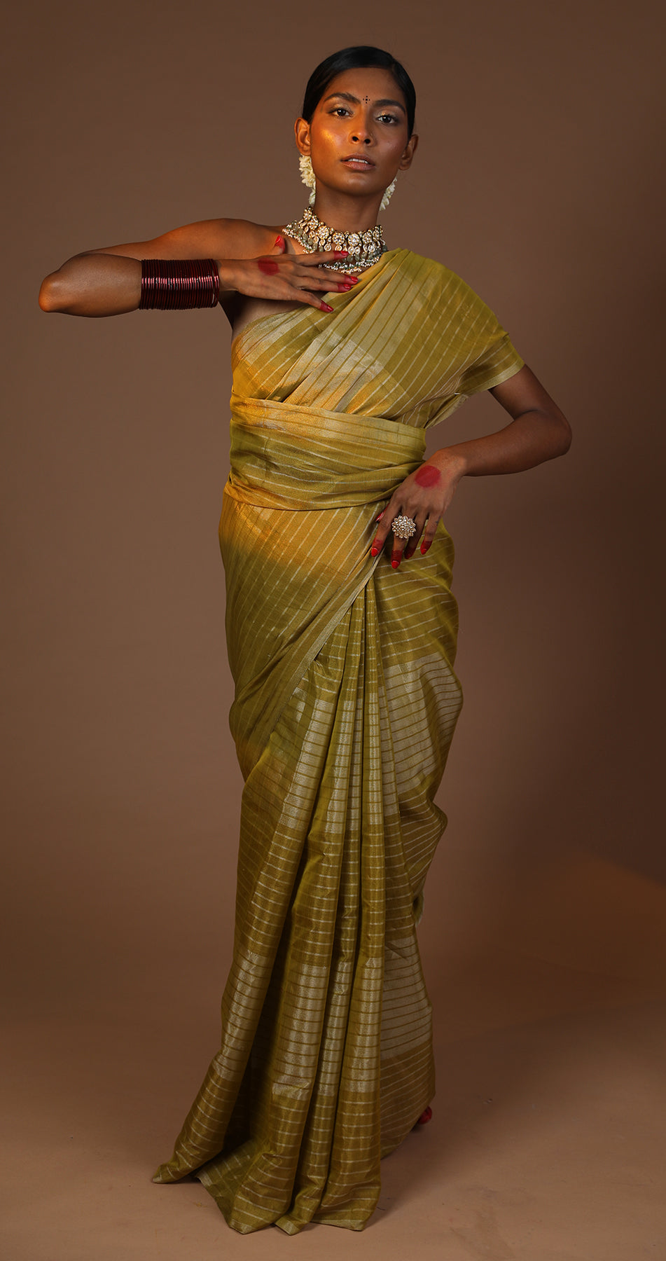 Olive Green and Silver Striped Chanderi Tissue Saree