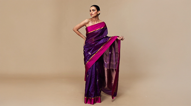 Handwoven Chanderi saree with zari border in soft pastel tones