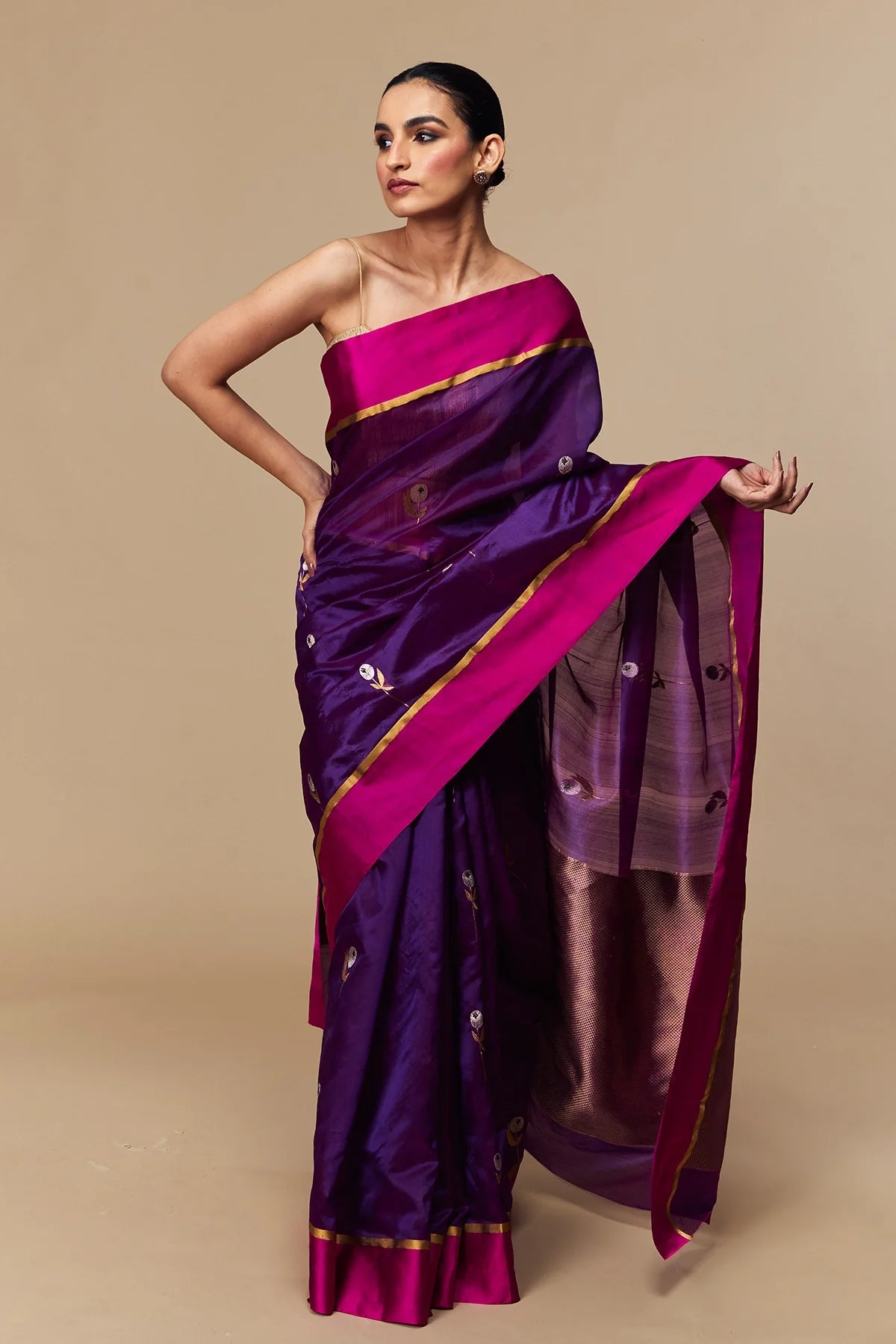 Handwoven Chanderi saree with zari border in soft pastel tones