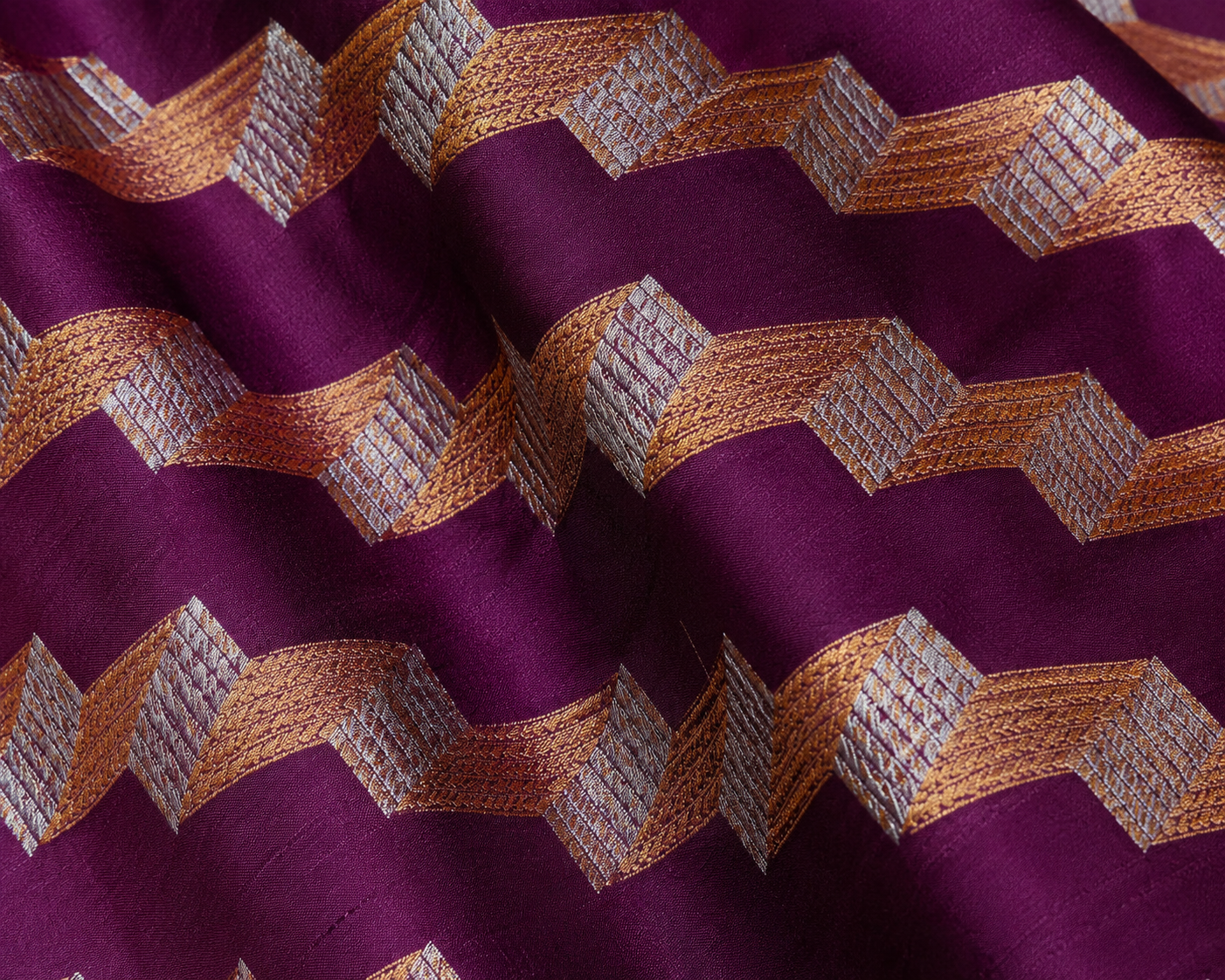 Wine Purple Zig-Zag Chevron Woven Chanderi Handloom Saree with Zari Border
