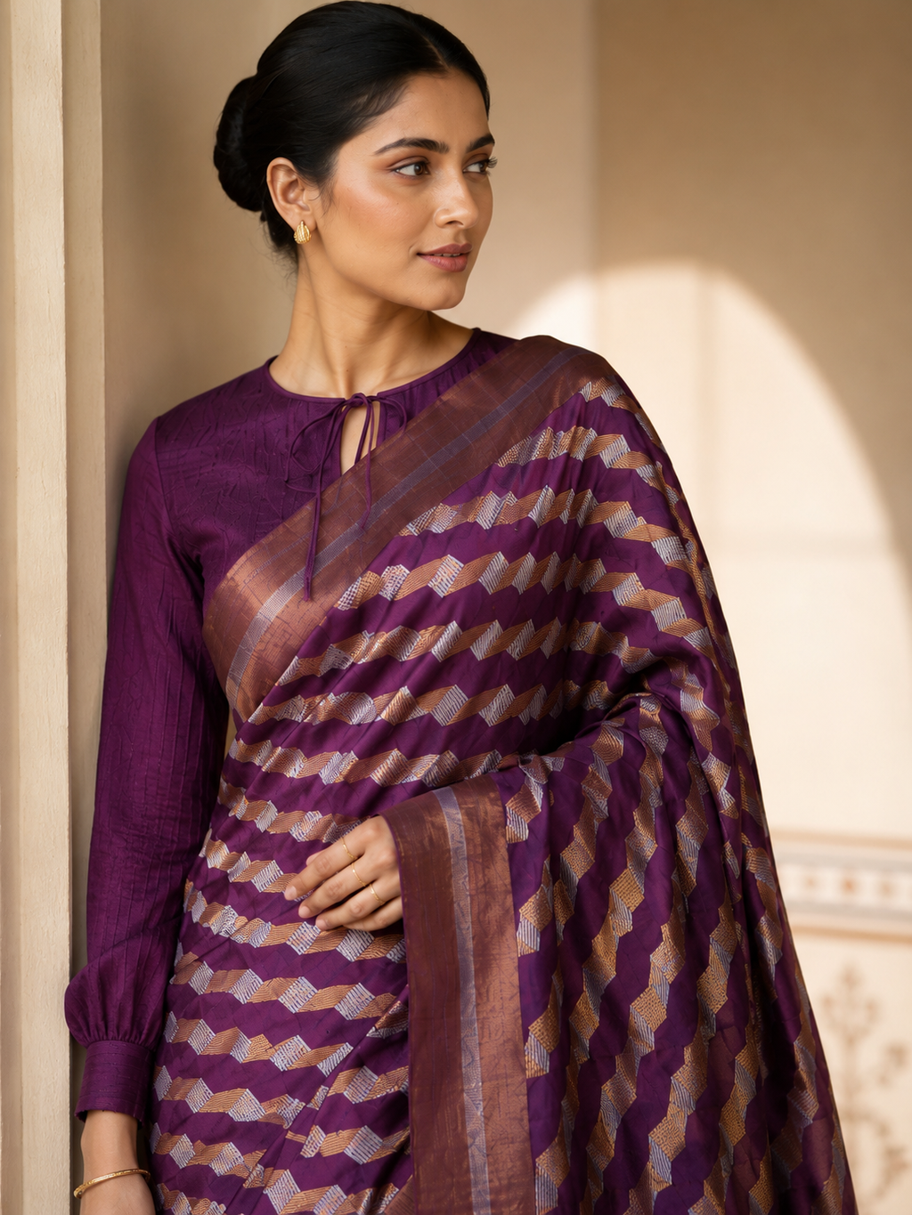 Wine Purple Zig-Zag Chevron Woven Chanderi Handloom Saree with Zari Border