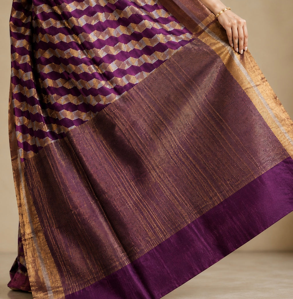 Wine Purple Zig-Zag Chevron Woven Chanderi Handloom Saree with Zari Border