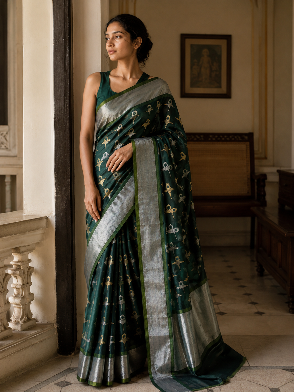 A woman wearing a dark green and silver saree with gold motifs, standing in a traditional indoor setting with wooden furniture and warm lighting.