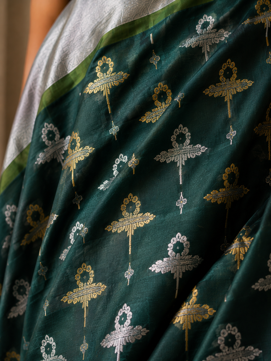 Bottle Green Silver Zari Motif Woven Chanderi Handloom Saree with Silver Border