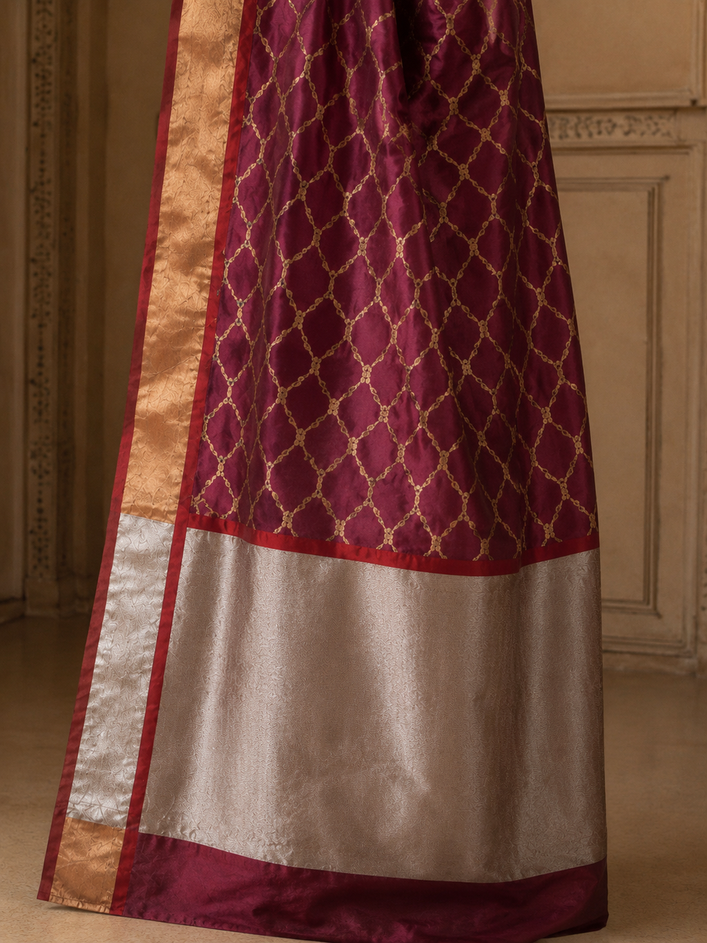 Wine Maroon Trellis Jaal Woven Chanderi Handloom Saree with Silver & Gold Border