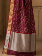 Wine Maroon Trellis Jaal Woven Chanderi Handloom Saree with Silver & Gold Border