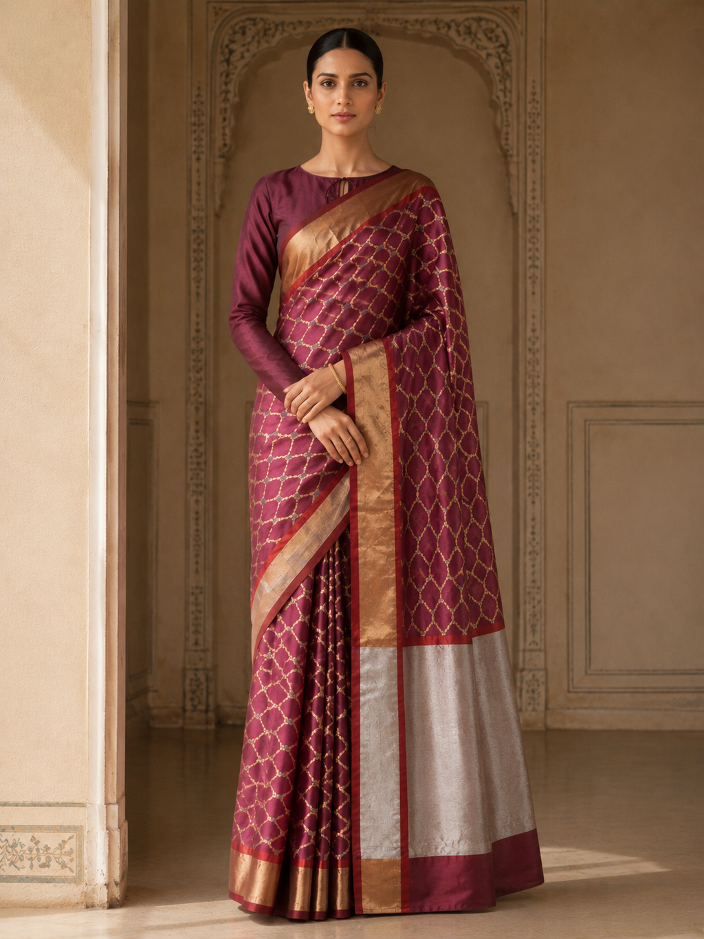 A woman models a traditional Indian saree in a grand, historic interior with beige stone arches. The saree is a deep maroon/burgundy with a gold geometric lattice pattern, a solid maroon blouse, and a wide silver and gold border.