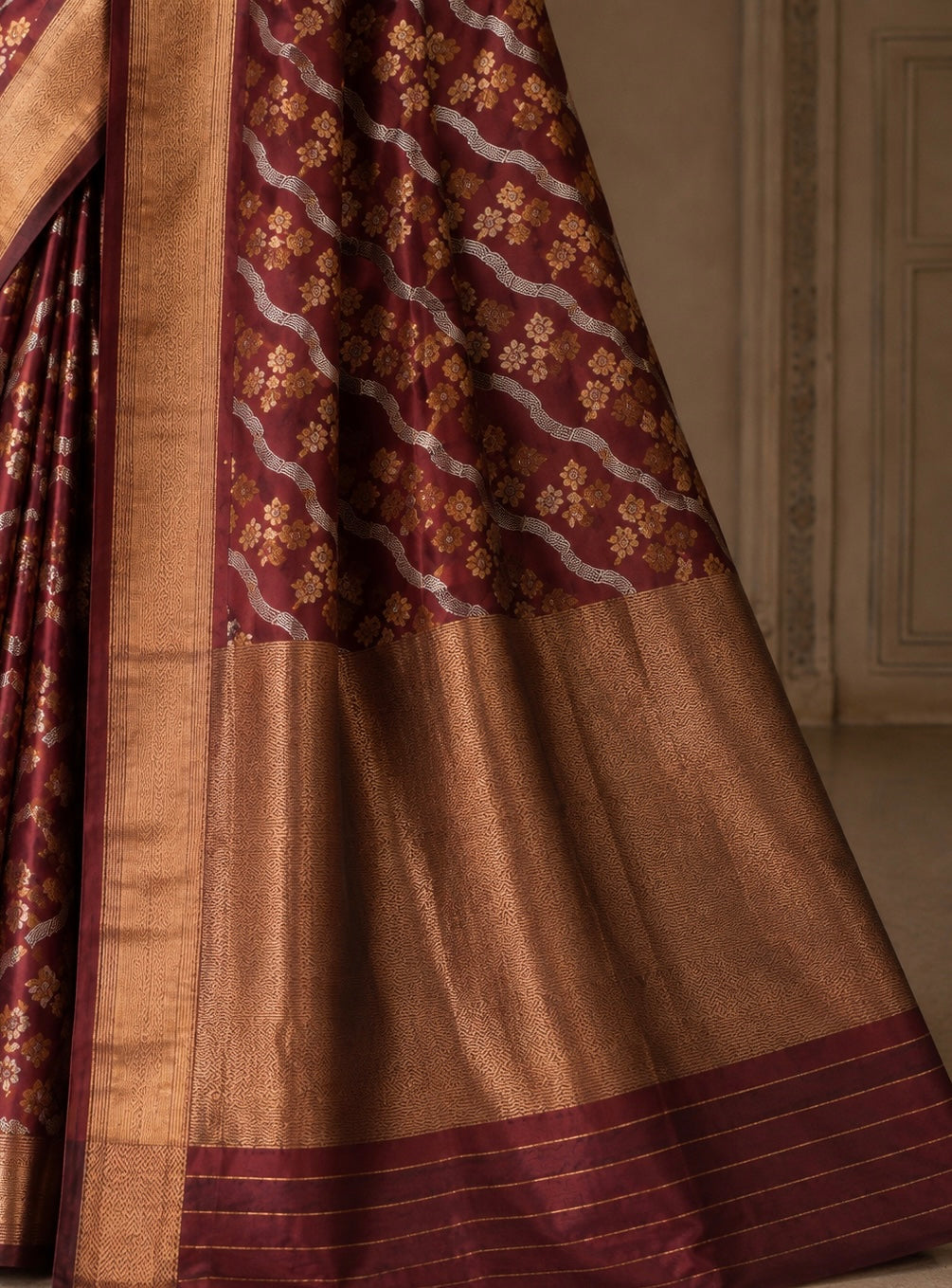 Maroon Floral Jaal Woven Chanderi Handloom Saree with Gold Zari Border