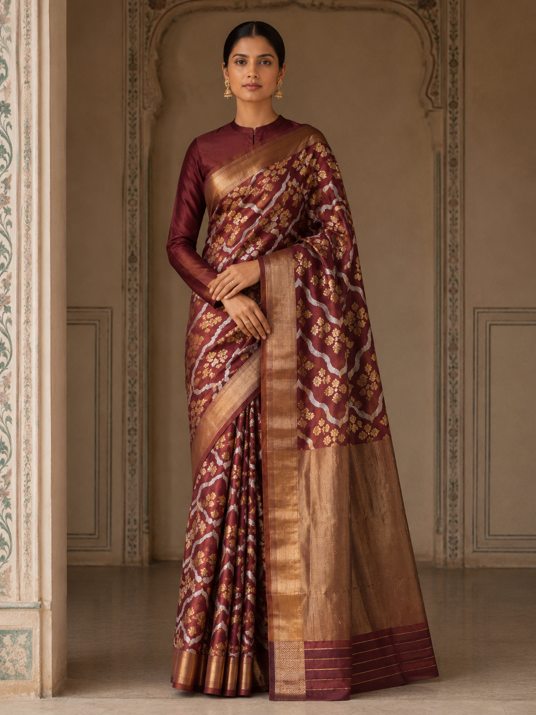 A woman models a traditional Indian saree in an ornate indoor setting. The saree features a deep maroon body with intricate gold and silver zari woven patterns, paired with a solid maroon long-sleeve blouse.