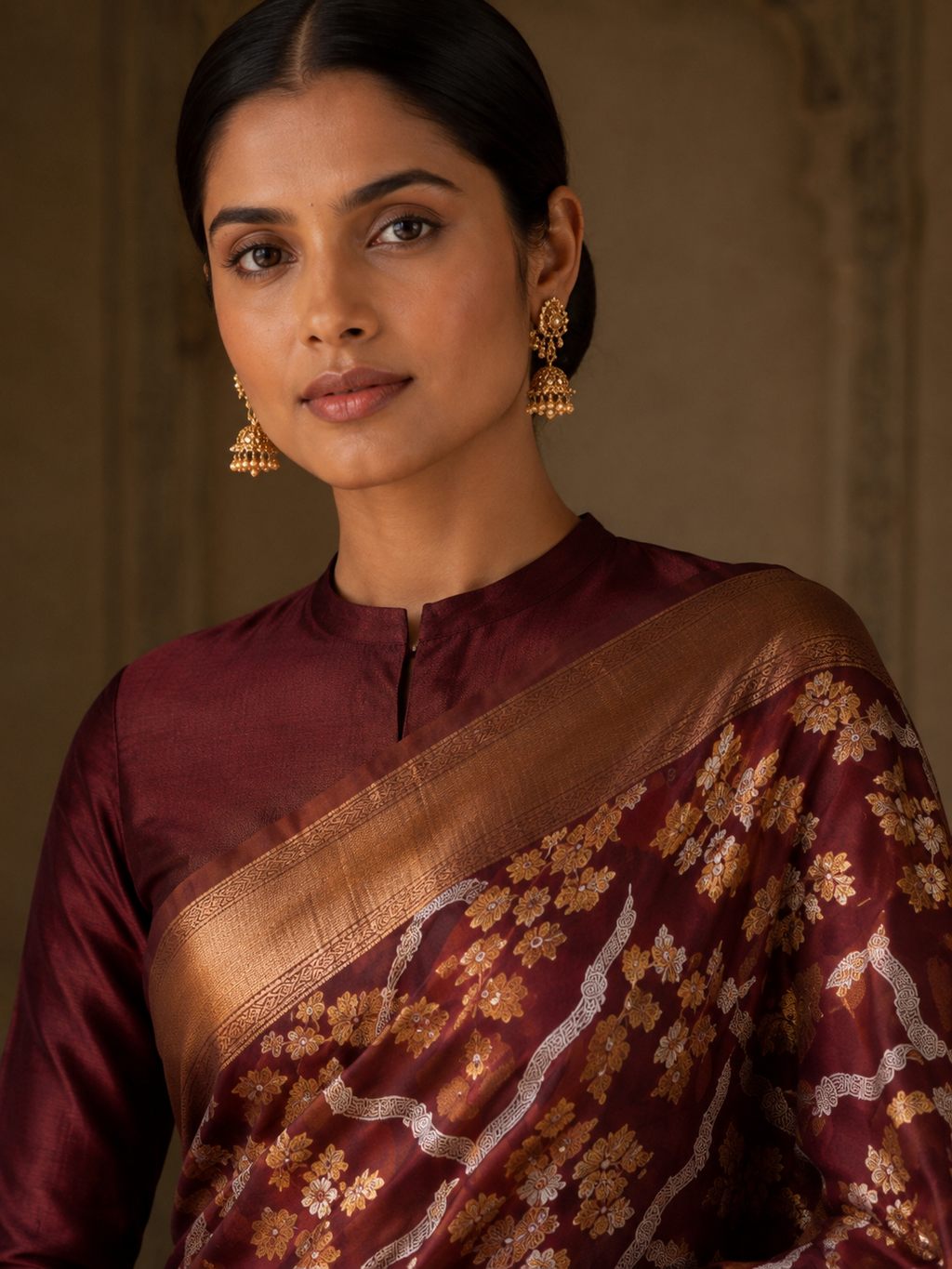 Maroon Floral Jaal Woven Chanderi Handloom Saree with Gold Zari Border