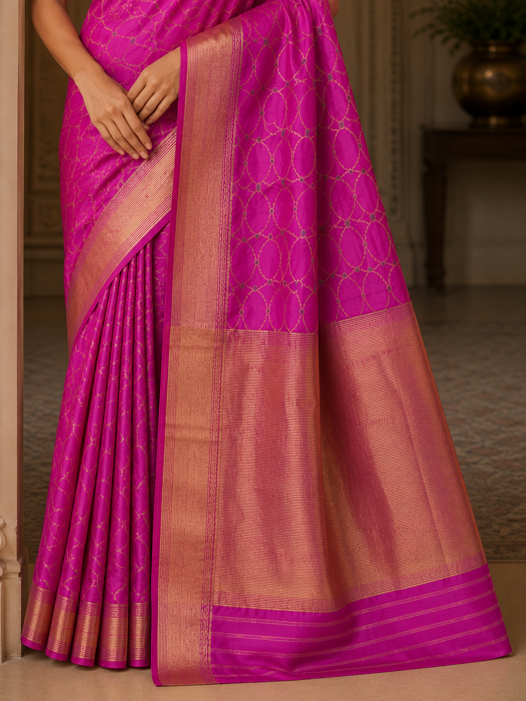 Rani Pink Trellis Jaal Woven Chanderi Handloom Saree with Gold Zari Border