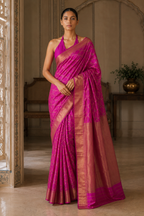 Rani Pink Trellis Jaal Woven Chanderi Handloom Saree with Gold Zari Border
