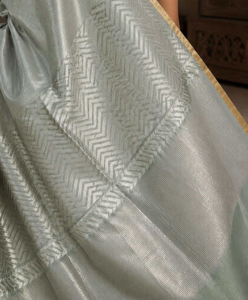 Sage Grey Chevron Textured Woven Chanderi Handloom Saree with Gold Border