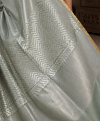 Sage Grey Chevron Textured Woven Chanderi Handloom Saree with Gold Border
