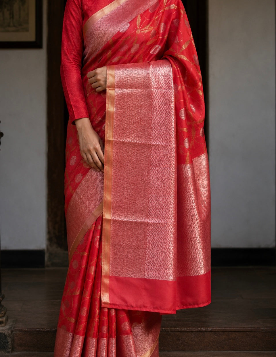 Red Floral Vine Woven Chanderi Handloom Saree with Golden Zari Border