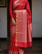 Red Floral Vine Woven Chanderi Handloom Saree with Golden Zari Border