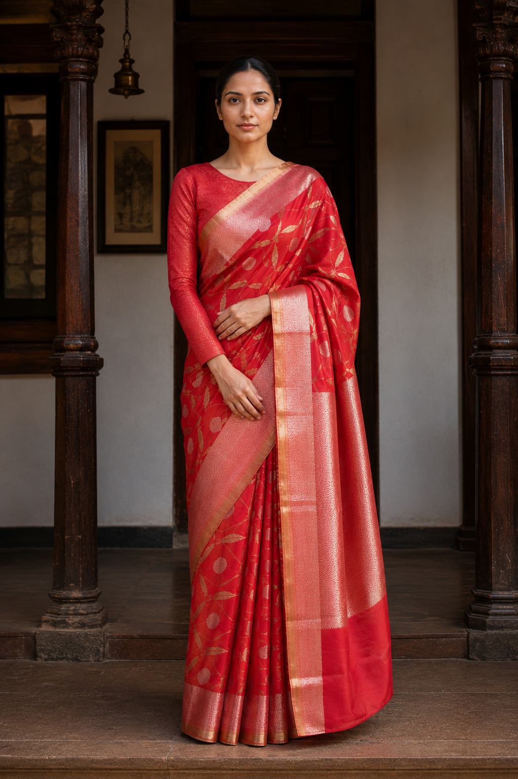 A woman wearing a red and pink silk saree with gold zari motifs and a matching red blouse, standing in front of a traditional wooden doorway.