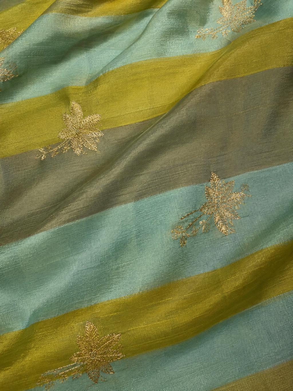 Olive Green & Sky Blue Diagonal Stripe Woven Chanderi Handloom Saree with Gold Zari Pallu