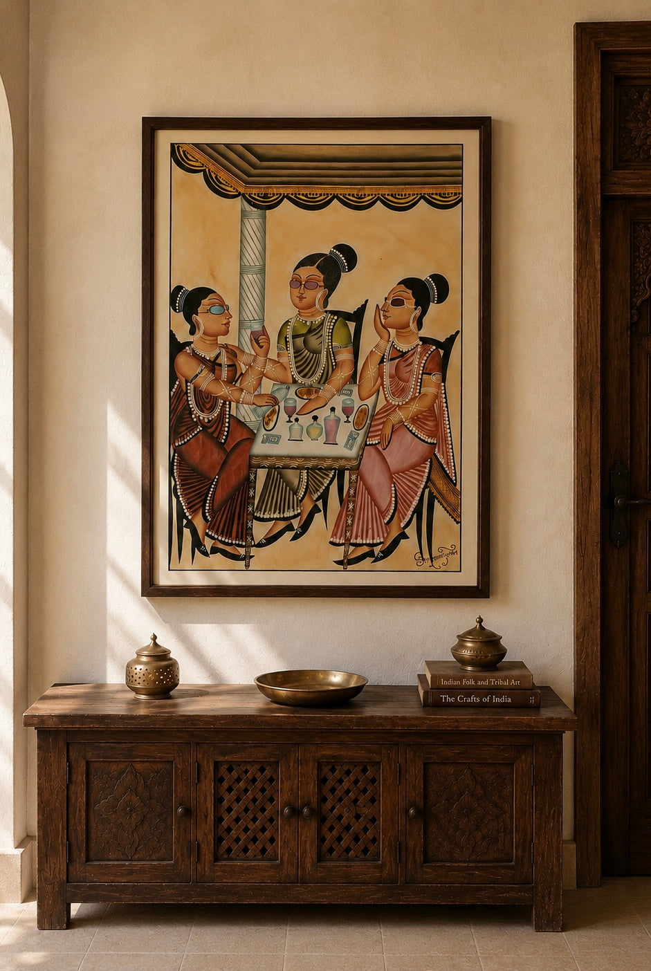 Hand-Painted Kalighat Art – Bengali Women at a Social Gathering