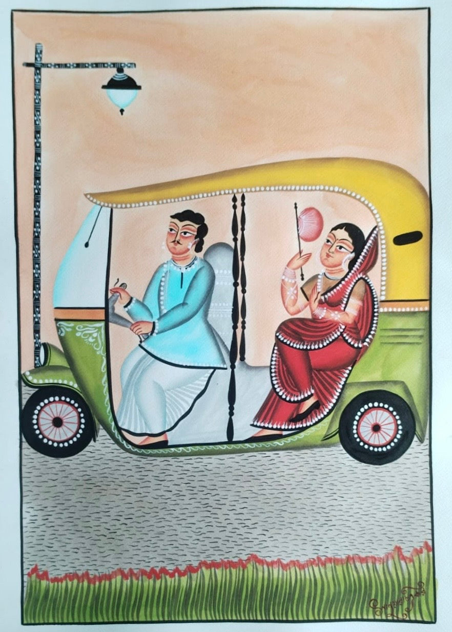 Hand-painted Kalighat-inspired artwork of a Bengali couple travelling in a traditional auto rickshaw