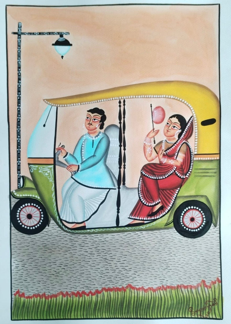 Hand-painted Kalighat-inspired artwork of a Bengali couple travelling in a traditional auto rickshaw